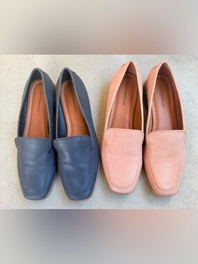 2 Pair Lucky Brand Women 9.5 Laurien Leather Slip On Loafers Flats Black Tan EUC